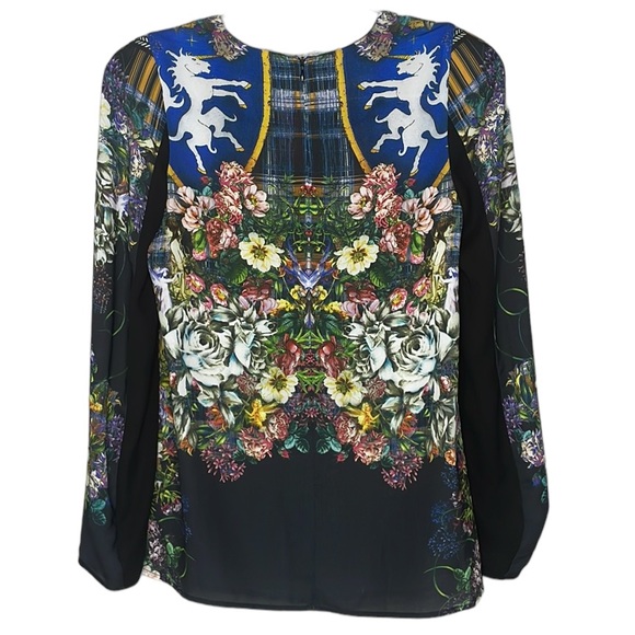 CLOVER CANYON UNICORN & FLORAL PRINT LONG SLEEVE BLOUSE SLIGHTLY SHEER SZ S - Picture 2 of 13